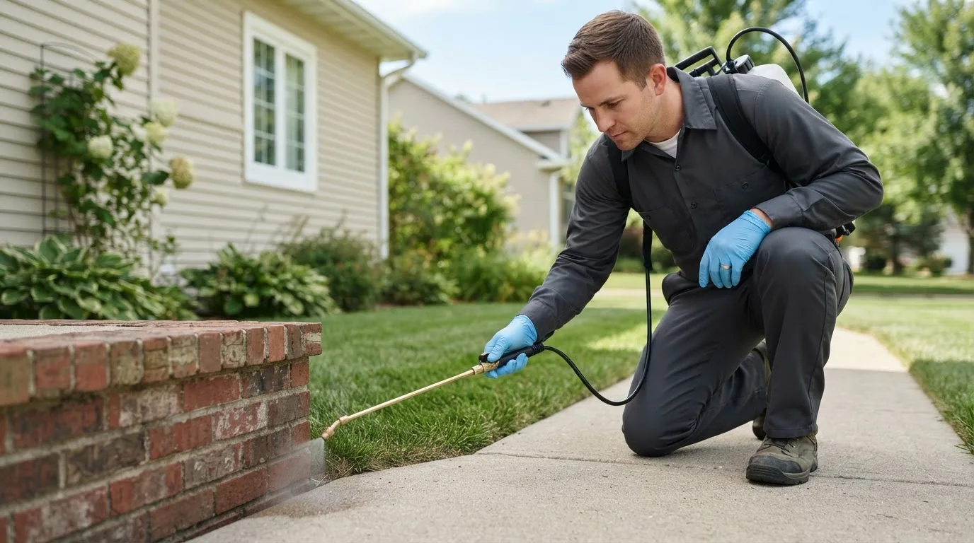 Pest control technician treating a home near Storden, MN